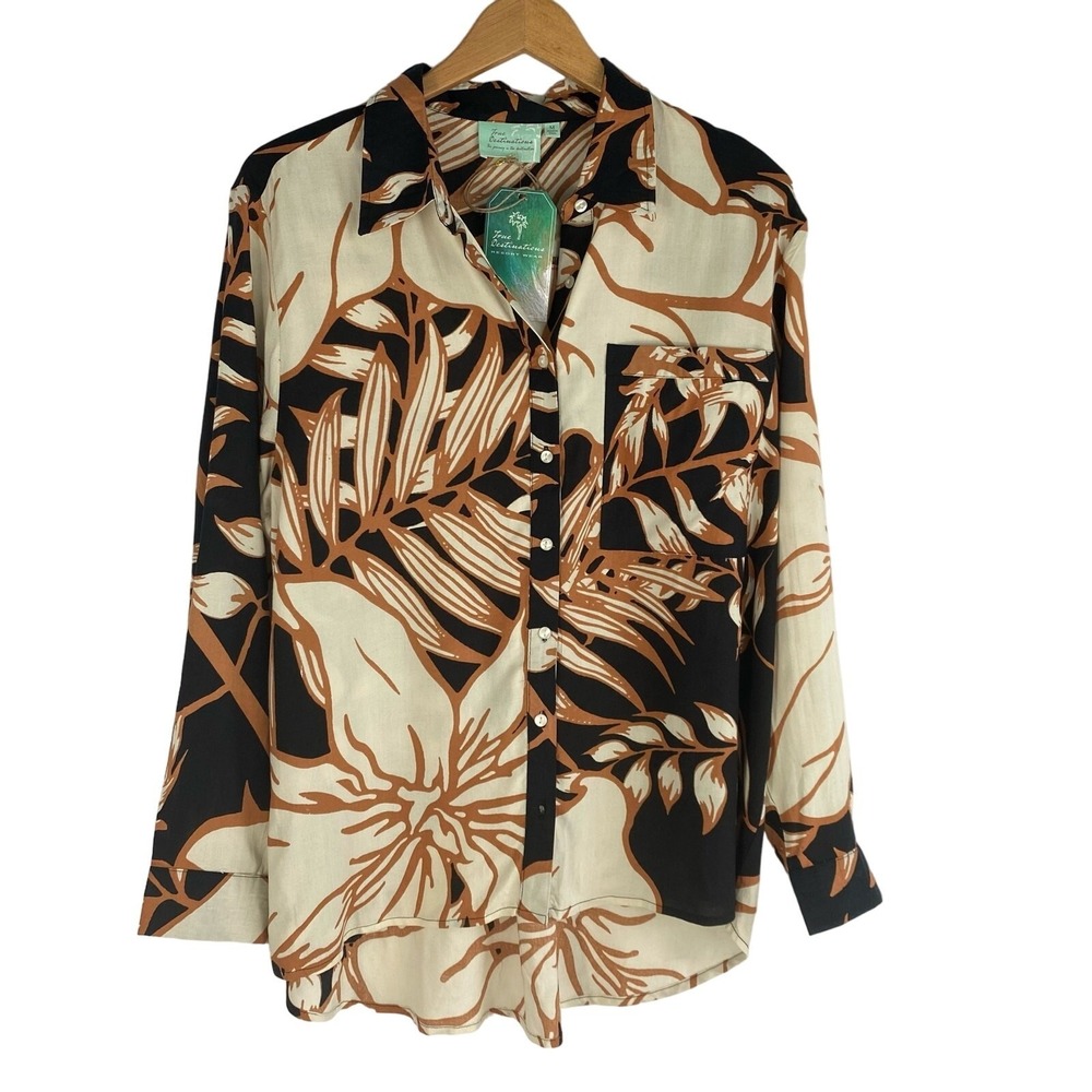 True Destinations Tropical Button Up Shirt Women Size M Brown Resortwear NWT